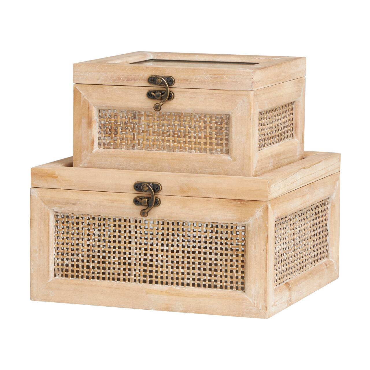 Light Brown Box with Glass Top & Rattan Side Panels Set